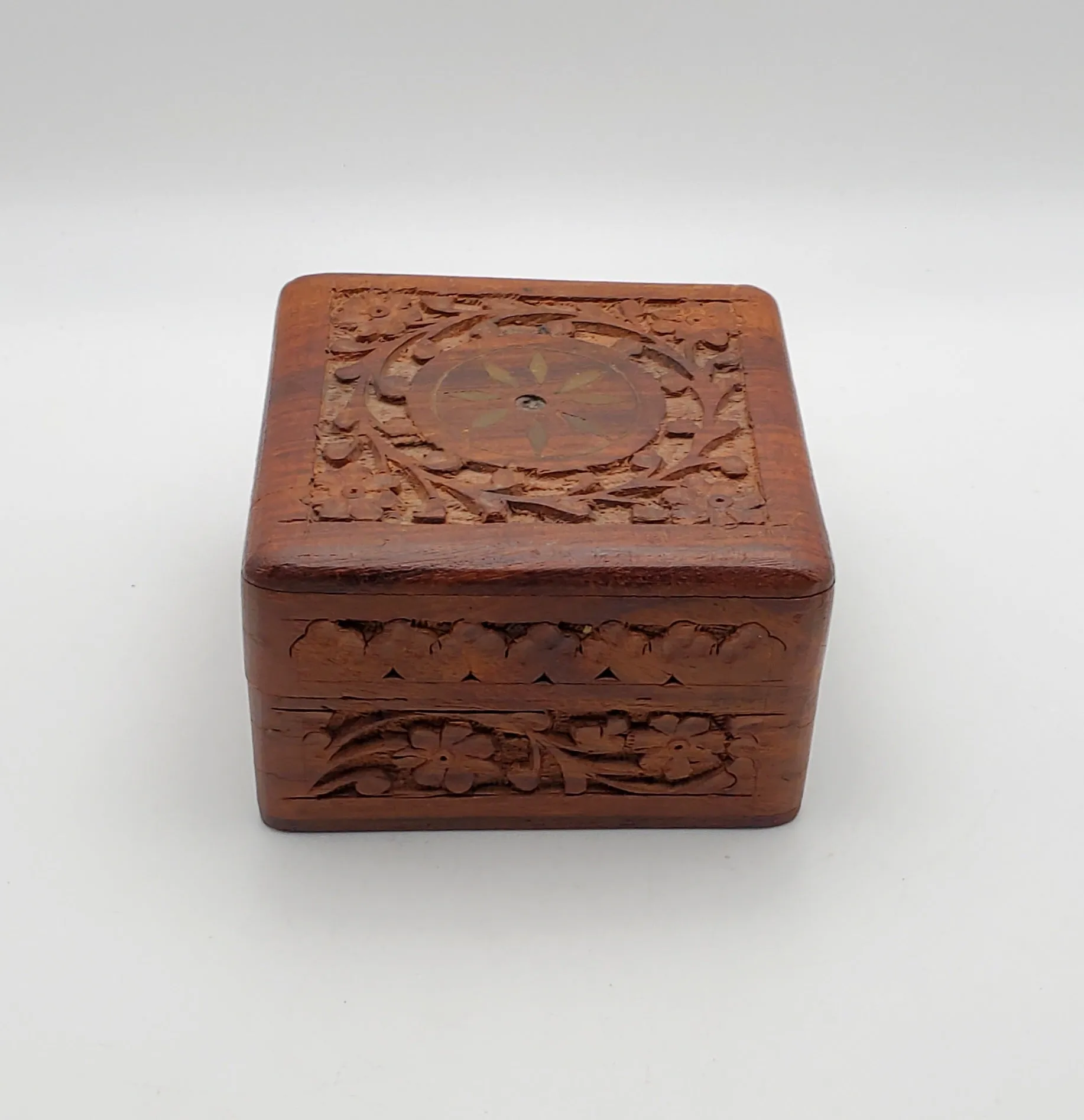 Vintage Hand Carved Wood and Brass Jewelry Box