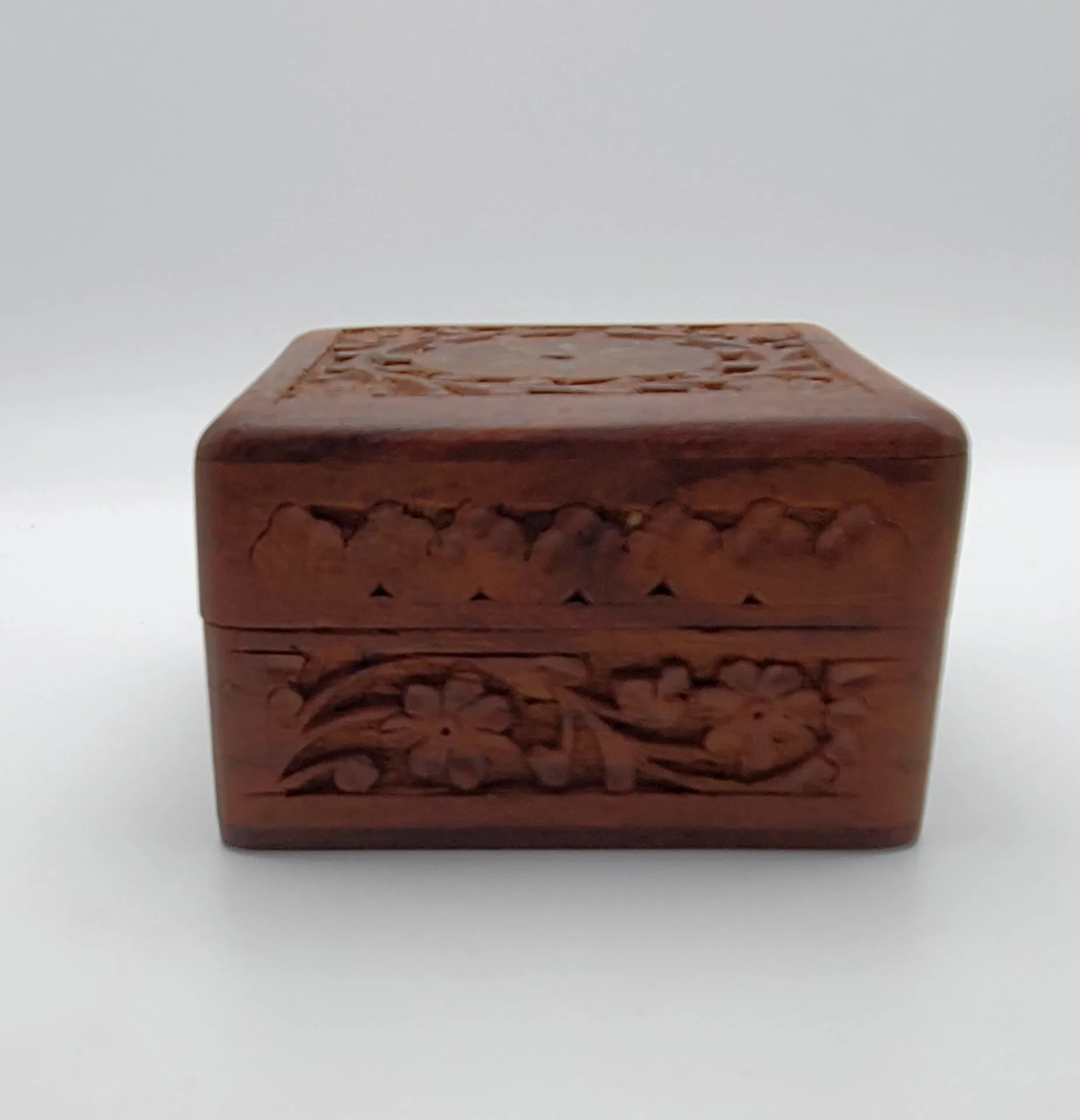 Vintage Hand Carved Wood and Brass Jewelry Box