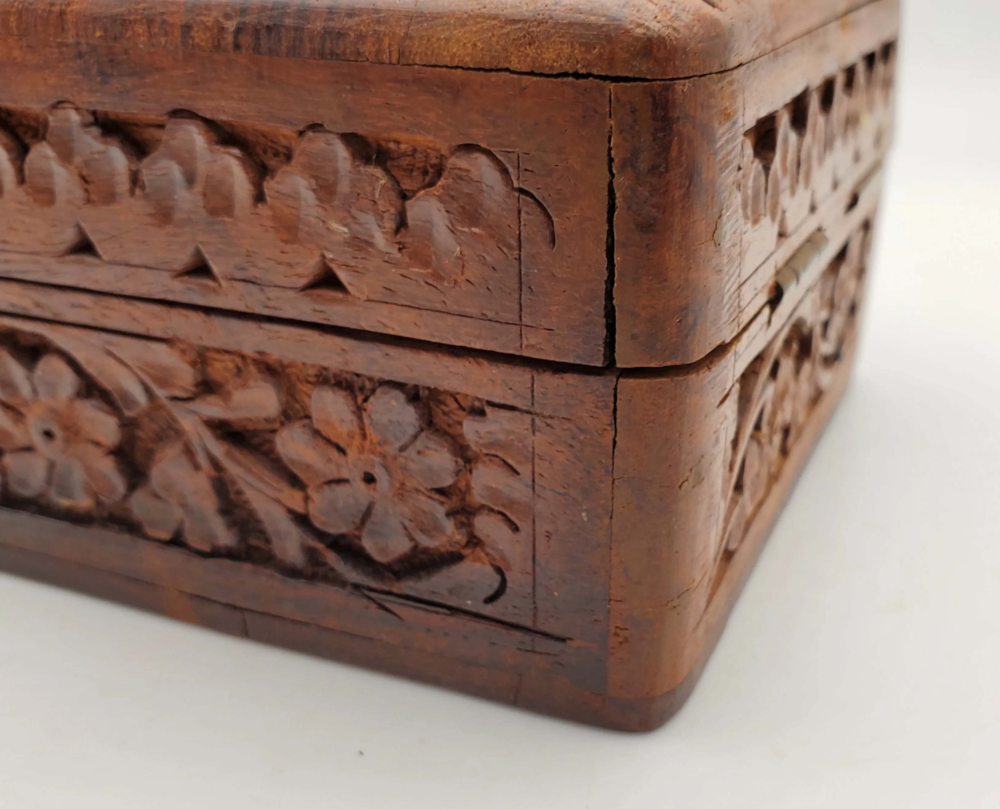 Vintage Hand Carved Wood and Brass Jewelry Box