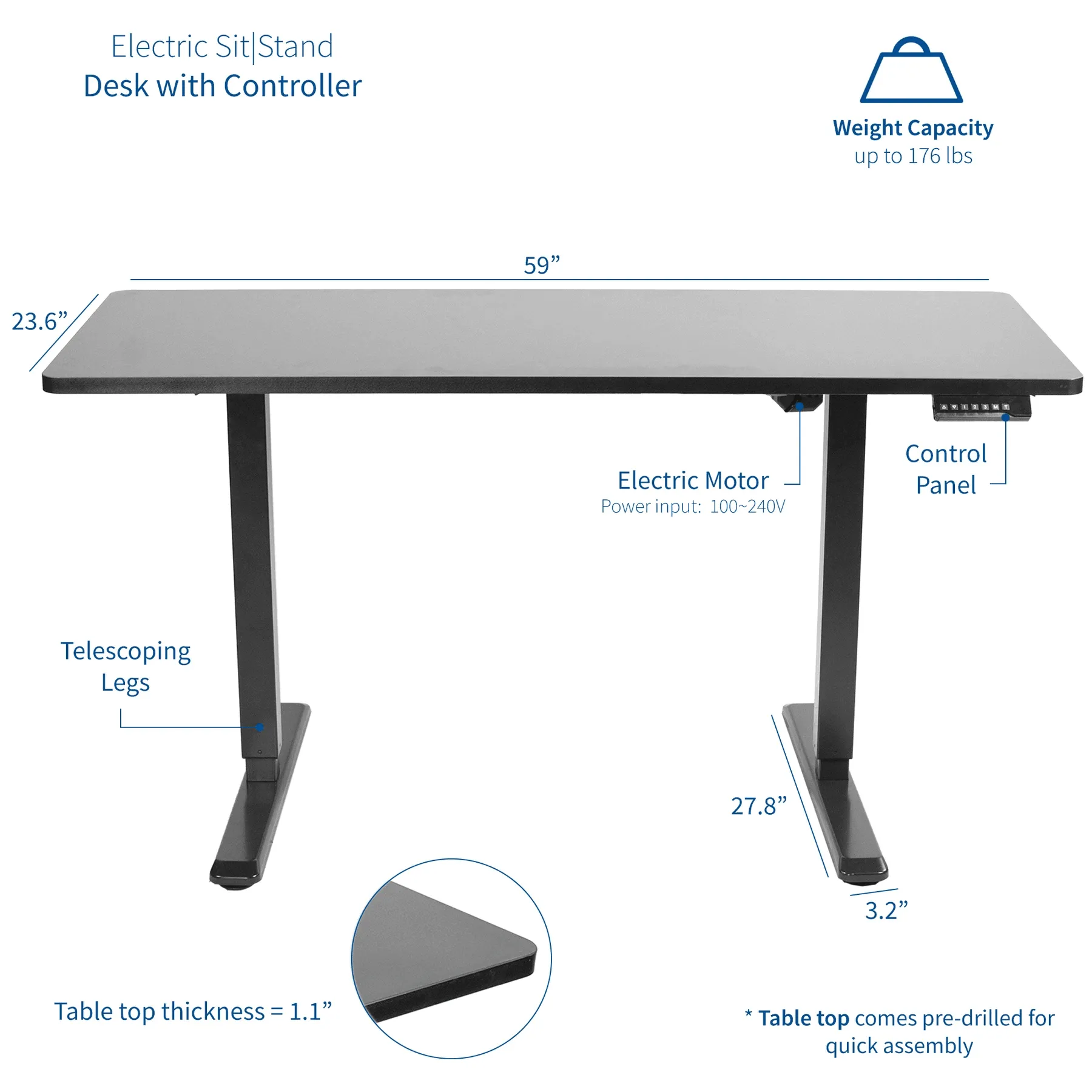 VIVO Electric 60” x 24” Standing Desk DESK-KIT-1B6B  Black TableTop, Black Frame, w/ Memory Pad Control