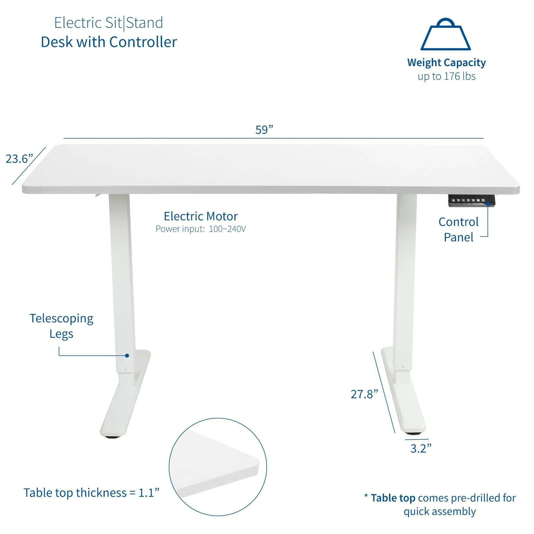 VIVO Electric 60” x 24” Standing  Desk White Top, White Frame w/ Memory Pad, DESK-KIT-1W6W