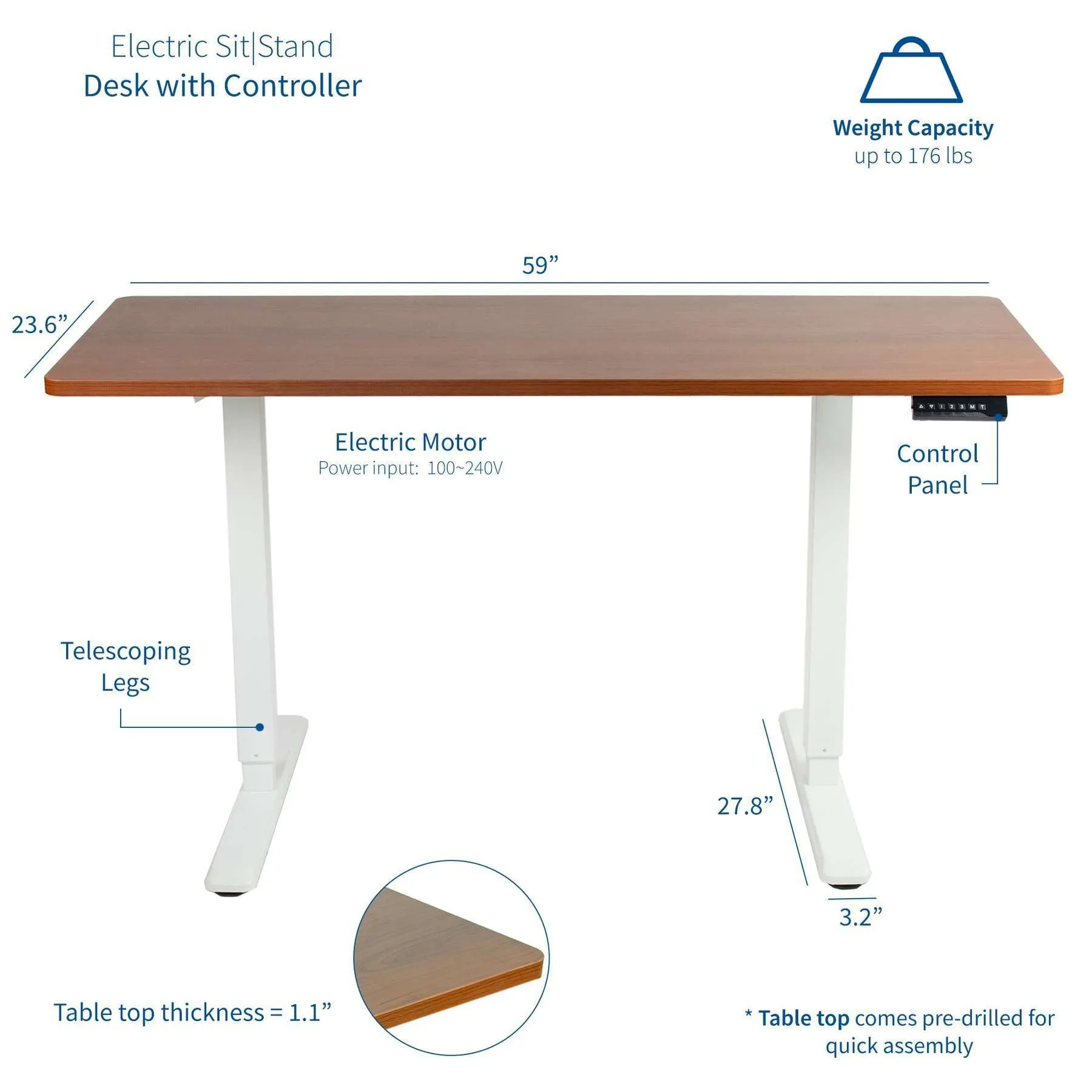 VIVO Electric 60”x24” Standing Desk, Dark Top White Frame w/ Memory Pad, DESK-KIT-1W6D/1W6E