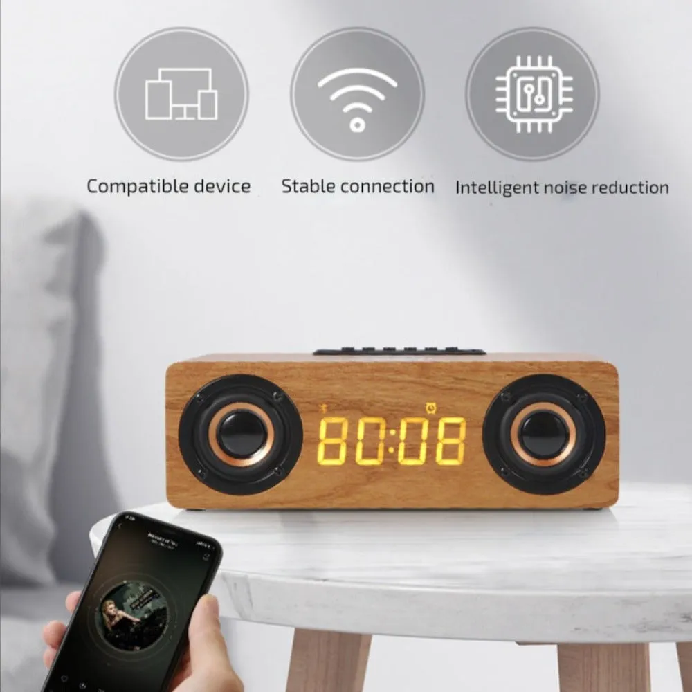 Wooden Retro Theme Wireless Charger Bluetooth Speaker Alarm Clock Radio