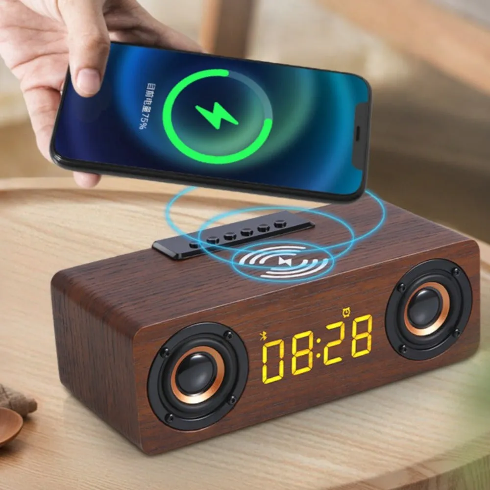 Wooden Retro Theme Wireless Charger Bluetooth Speaker Alarm Clock Radio