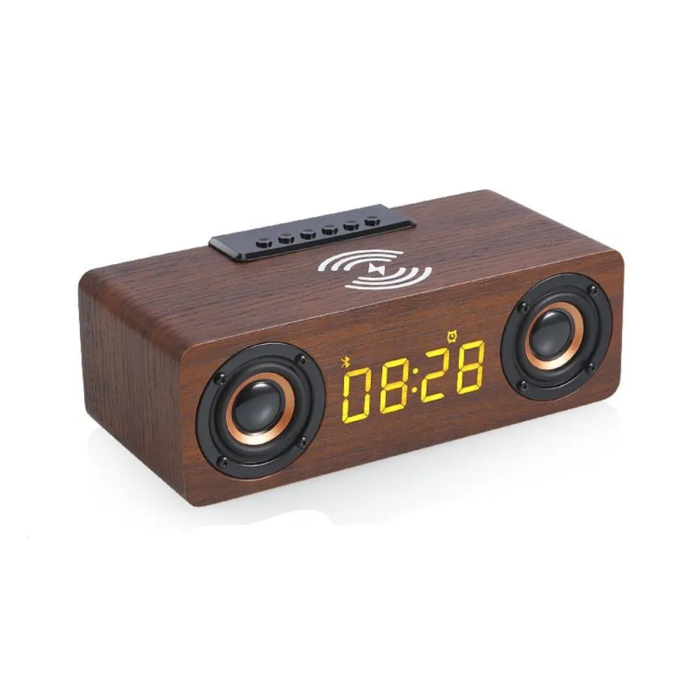 Wooden Retro Theme Wireless Charger Bluetooth Speaker Alarm Clock Radio