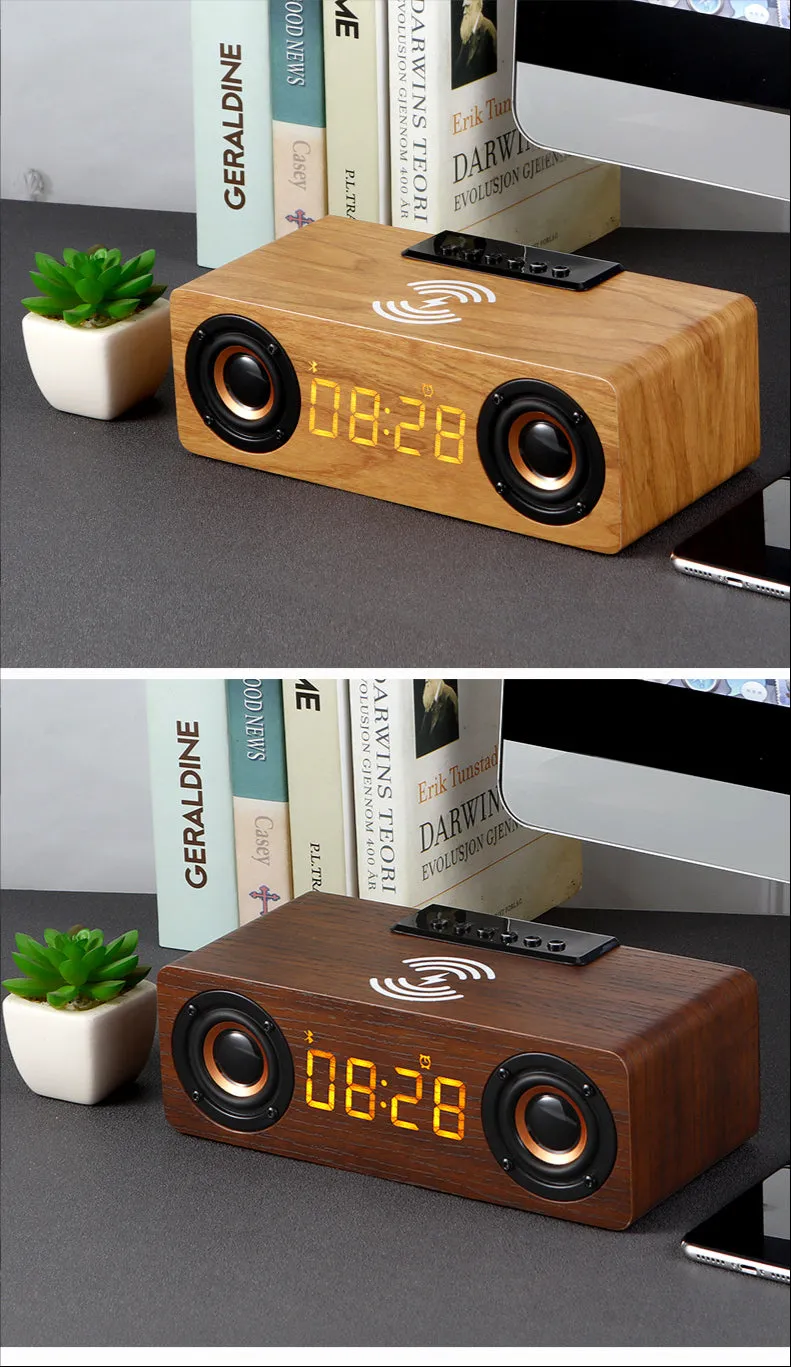 Wooden Retro Theme Wireless Charger Bluetooth Speaker Alarm Clock Radio