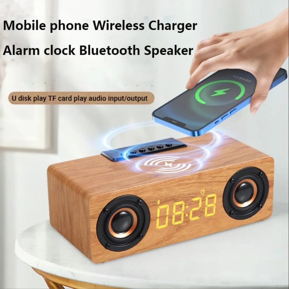 Wooden Retro Theme Wireless Charger Bluetooth Speaker Alarm Clock Radio