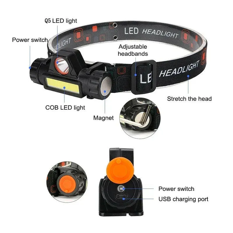 XPE COB Headlamp Fishing Camping Headlight Built-in Battery Portable Work Light Dual Light Sources With Tail Magnet Detachable